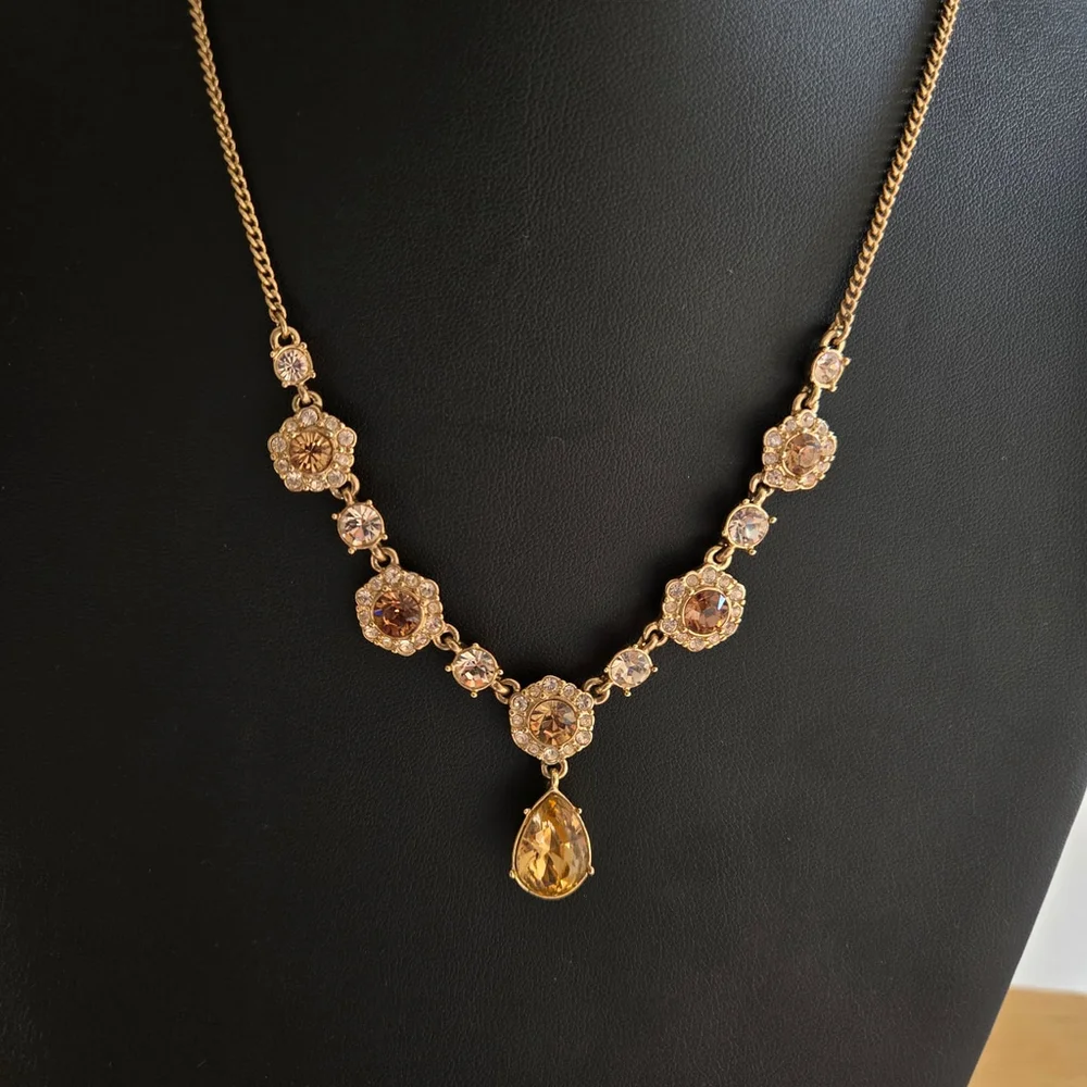 Givenchy Gold-Tone Crystal Amber Hue Tear Drop Signed Vintage Necklace